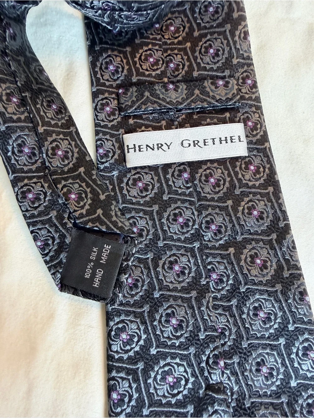 Henry Grethel Textured Black Tie with Purple Motif - Men's Formal Tie